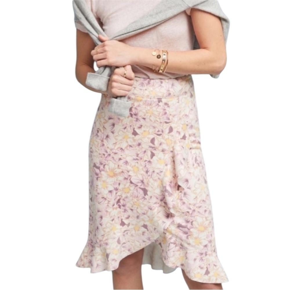 Anthropologie Floral “Skye” Ruffled Tiered Pink Skirt Size: 8 Cocktail Midi